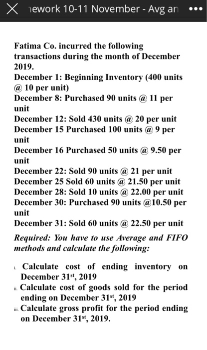 x nework 10-11 November - Avg an .. Fatima Co. incurred the following transactions during the month of December 2019. Decembe