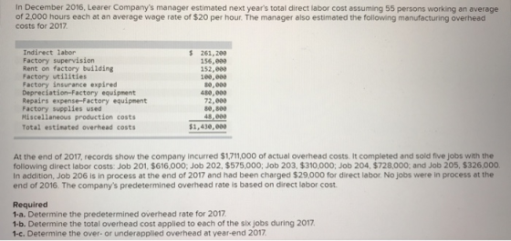 In December 2016, Learer Companys manager estimated next years total direct labor cost assuming 55 persons working an avera