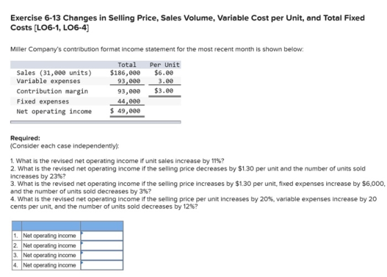 Exercise 6-13 Changes in Selling Price, Sales Volume, Variable Cost per Unit, and Total Fixed Costs [LO6-1, LO6-4] Miller Com