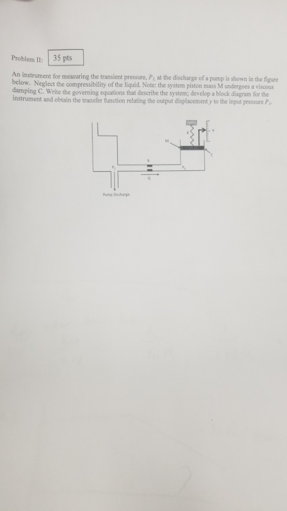 Problem II: 35 pts An instrument for measuring the transient pressure, P, at the discharge of a pump is shown in the figure b