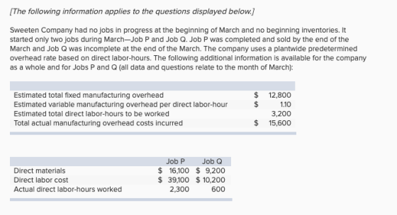 The following information applies to the questions displayed below. Sweeten Company had no jobs in progress at the beginning