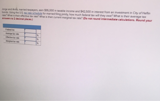 Jorge and Anita, married taxpayers, earn $95,000 in taxable income and $42,500 in interest from an investment in City of Hefl