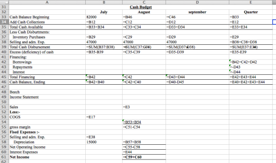 August september Quarter 33 Cash Balance Beginning 82000 -C46 -D12 -D33+D34 B33 E12 E33+E34 Add Cash Collections 35 Total Cas