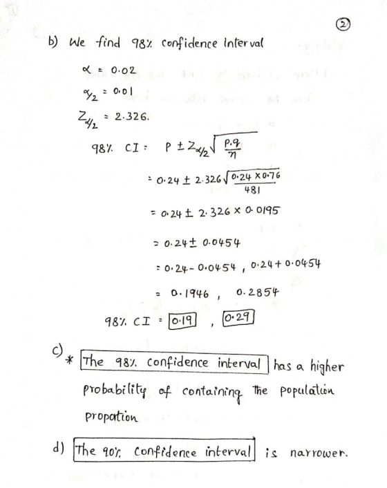 2 b) we find 98% confidence interval a: 0.02 42 : 0.01 ZH2 = 2.326. P + Zav V Porn 98% CI: : 0:24 † 23260.24 X0.76 481 = 0.24