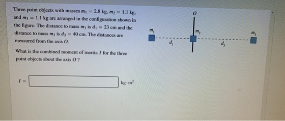 Three point objects with masses mi = 2.8 kg, m2 = 1.1 kg, and m3 = 1.1 kg are arranged in the configuration shown in the figu