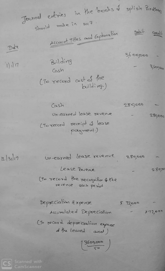 splish Brother Journal entries in the books of should make in 2017. Debit credit Account Titles and Explanation Date 3600poo