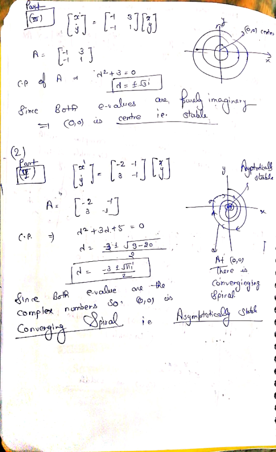 Part 1 033 001 C A E AJ JD3] aceite 22+30 Det si 1 Since Bote evalues are Burely imaginary = (0,0) is centre i e stabla imag