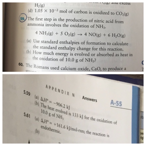 415 allu excess H2lg) (d) 1.05 × 10-2 mol of carbon is oxidized to CO2(g) 59 The first step in the production of nitric acid from 4 NH3(g) 5 02(g) 4 NO(g) + 6 H20(g) (a) Use standard enthalpies of formation to calculate the standard enthalpy change for this reaction. (b) How much energy is evolved or absorbed as heat in ammonia involves the oxidation of NH3. the oxidation of 10.0 g of NH3? omans used calcium oxide, CaO, to produce a Stran APPENDIX N Answers 559 la) AH-9062 k A-55 (b) The heat evolved is 133 kJ for the oxidationo 10.0 g of NH 5.61 (a) Δ.H。= +161.6 kymol.rxn: the reaction 1s endothermic.