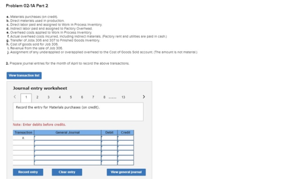 Problem 02-1A Part 2 e. Materials purchases on credit b. Direct materials used in production c. Direct labor paid and assigne