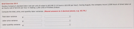 Brief Exercise 25-5 Mordica Companys standard labor cost per unit of output is $22.89 (2.10 hours x $10.90 per hour). During