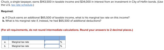 Chuck, a single taxpayer, earns $143,500 in taxable income and $34,000 in interest from an investment in City of Heflin bonds