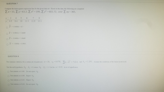 QUESTION 7 Compute the least squares regression line for the given data set. Based on the data, the following are computed: 2