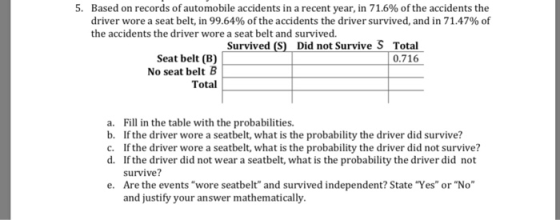 5. Based on records of automobile accidents in a recent year, in 71.6% of the accidents the driver wore a seat belt, in 99.64