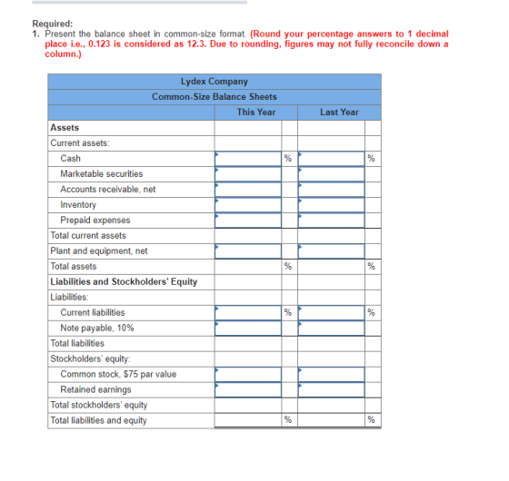 Required: 1. Present the balance sheet in common-size format. (Round your percentage answers to 1 decimal place i.e., 0.123 i