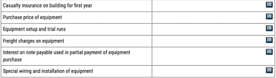 Casualty insurance on building for first year Purchase price of equipment Equipment setup and trial runs Freight charges on e