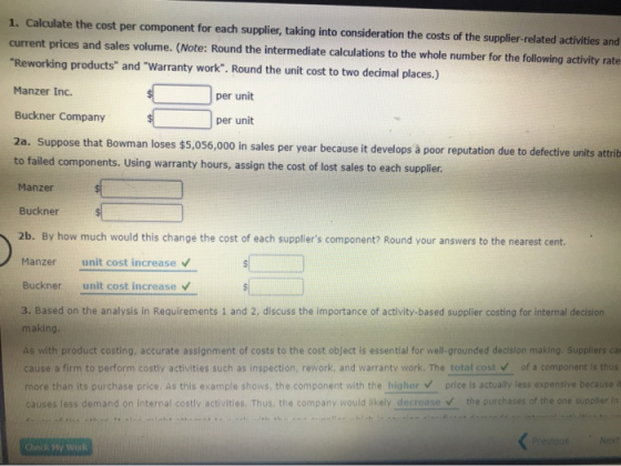 1. Calculate the cost per component for each supplier, taking into consideration the costs of the supplier-related activities