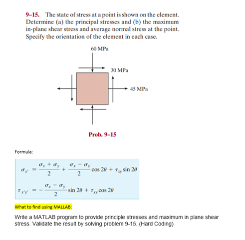 9-15. The state of stress at a point is shown on the element. Determine (a) the principal stresses and (b) the maximum in-pla