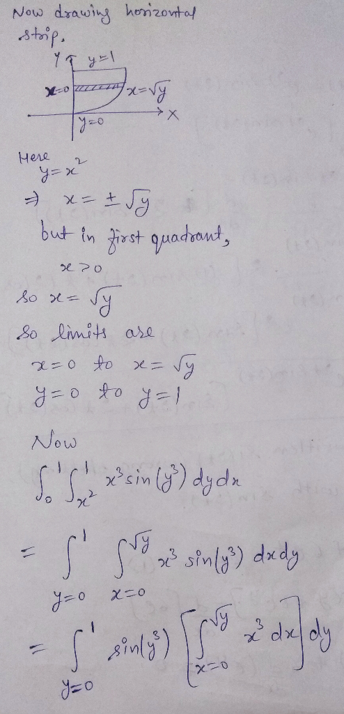 Now drawing horizontal stup. ay=1 Here y=x sezo - a- & Sy but in first quadrant, se so so x= sy So limits are x=0 to x= dy y=