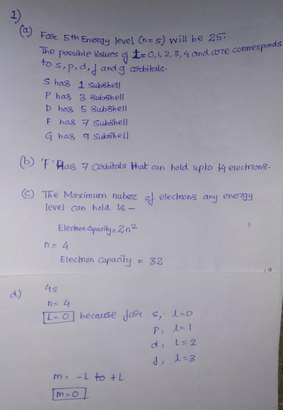 (a) For 5th Ene e 5th Energy level (n = 5) will be 25. ble values a t=0,1,2,3,4 and are connesponds The possible values g I=0