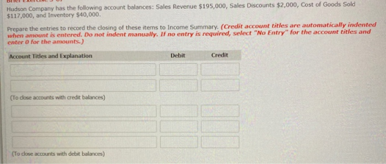 Hudson Company has the following account balances: Sales Revenue $195,000, Sales Discounts $2,000, Cost of Goods Sold $117,00