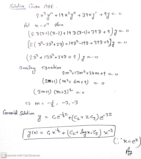 equation So thic, GAN OPE .. 2 vºy +19 x*y + 3quy +9y=0 Put n = er than (2 0(0-1)(0-2) +19 D (94)+ 39 D + 9)y=0 [2( 72-30°