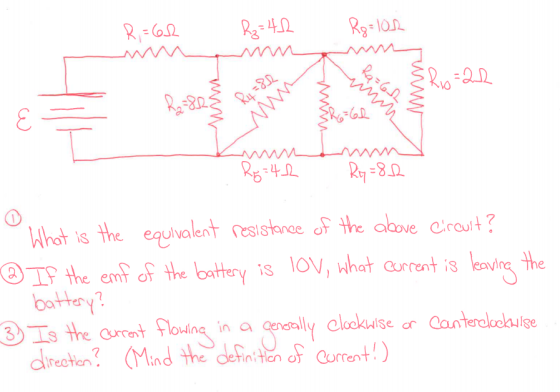 Image for 1. What is the equivalent resistance of the above circuit? 2. If the emf of the battery is 10V, what current i