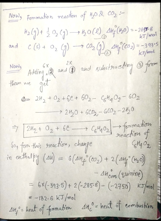Now, Formation reaction of 130 & co, :- | H2 (1) + (3) + H,0(%) AH (99) -285 andC(9) + , 9) 760292.44; (0) I Now Adding and a