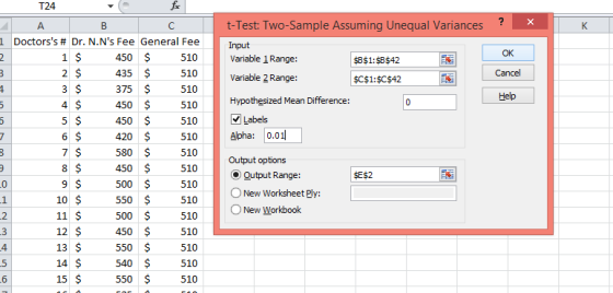 T24 X K t-Test: Two-Sample Assuming Unequal Variances Input Variable 1 Range: $B$1:$B$42 Variable 2 Range: $C$1:$C$42 OK Canc