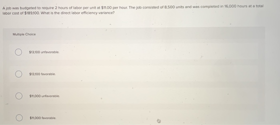 A job was budgeted to require 2 hours of labor per unit at $11.00 per hour. The job consisted of 8,500 units and was complete