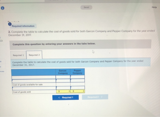 Saved Help Required information 2. Complete the table to calculate the cost of goods sold for both Garcon Company and Pepper