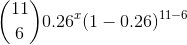\binom{11}{6} 0.26 ^x (1-0.26 )^{11-6}