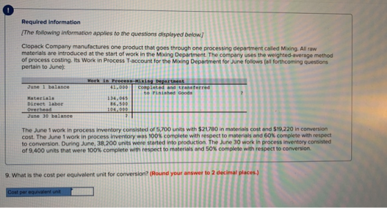 Required information The following information applies to the questions displayed below.) Clopack Company manufactures one pr