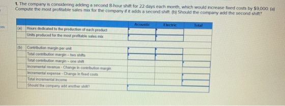 1. The company is considering adding a second 8-hour shift for 22 days each month, which would increase fixed costs by $9,000