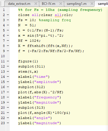 | data_extract.m x BCI-IV. m x sampling1.m x sampli for Fs = 10hz (sampling frequency) close all;clear all;clc; Fs = 10; $sam