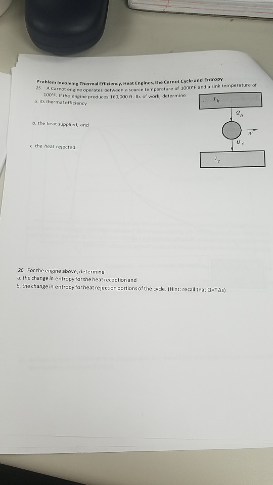 Problem involving Thermal Efficien 25A Carnot engine operates between a source 100F. If the engine produces 160.000 ft lb. o