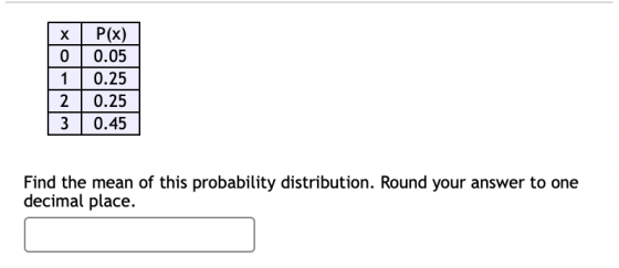 X 0 لالالا P(x) 0.05 0.25 0.25 0.45 Find the mean of this probability distribution. Round your answer to one decimal place.