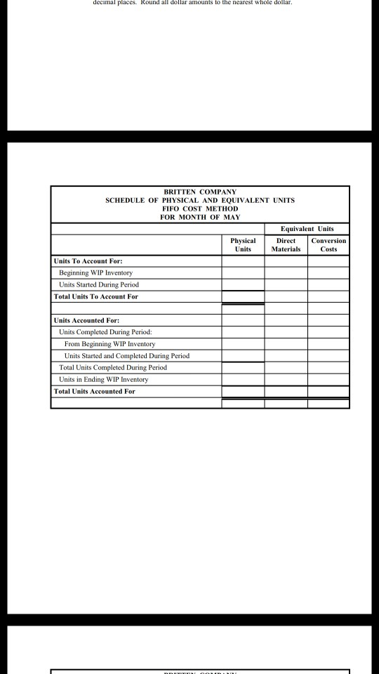 decimal places. Round all dollar amounts to the nearest whole dollar. BRITTEN COMPANY SCHEDULE OF PHYSICAL AND EQUIVALENT UNI