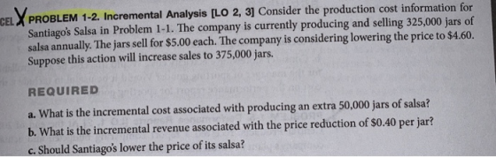 CELX PROBLEM 1-2. Incremental Analysis [LO 2, 3] Consider the production cost information for Santiagos Salsa in Problem 1-1. The company is currently producing and selling 325,000 jars of salsa annually. The jars sell for $5.00 each. The company is considering lowering the price to $4.60. Suppose this action will increase sales to 375,000 jars. REQUIRED a. What is the incremental cost associated with producing an extra 50,000 jars of salsa? b. What is the incremental revenue associated with the price reduction of $0.40 per jar? c. Should Santiagos lower the price of its salsa?