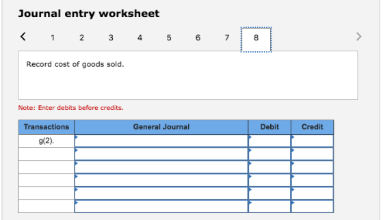 Journal entry worksheet 5 Record cost of goods sold. Note: Enter debits before credits. Transactions General Journal Debit Credit g(2)