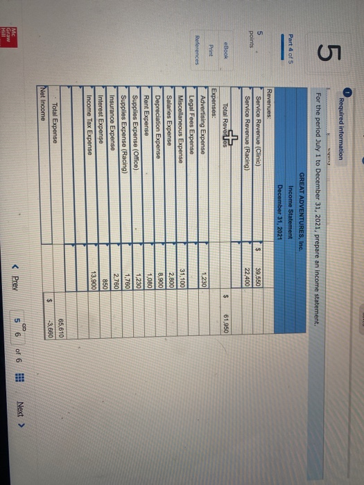 Required information 5 For the period July 1 to December 31, 2021, prepare an income statement. Part 4 of 5 5 points 39,550 2