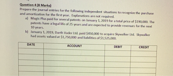 Question 4 (8 Marks) Prepare the journal entries for the following independent situations to recognize the purchase and amort