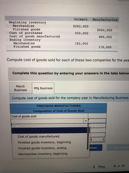 Unimart Manufacturing $282,000 $564,000 Beginning inventory Merchandise Finished goods Cost of purchases Cost of goods manufa
