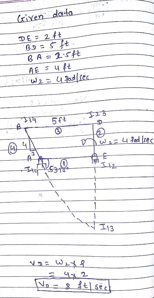 Criven data DE = 2 ft BD = 5 ft. BA=2.5ft AE = uft 331 W2 = u sad/sec 234 5ft 123 Tw2au lad /sec Nga Wafa - 4x2 vo- & ft/sec