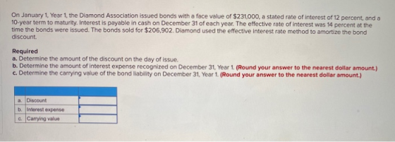On January 1, Year 1, the Diamond Association issued bonds with a face value of $231,000, a stated rate of interest of 12 per