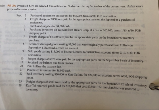 sales P5-3A Presented here are selected transactions for Norlan Inc. during September of the current year. Norlan uses a perp