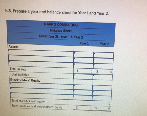 b-3. Prepare a year-end balance sheet for Year 1 and Year 2 MARKS CONSULTING Balance Sheet December 31, Year 1 & Year 2 Year