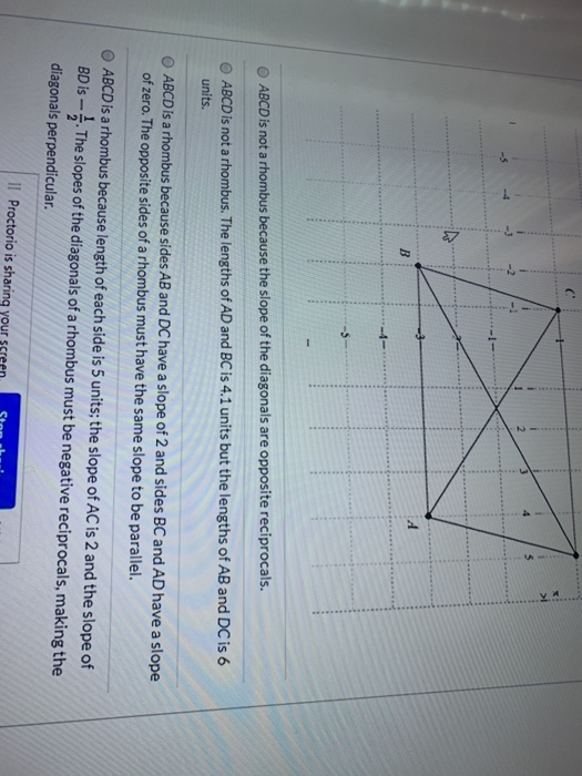 VA $ d B ABCD is not a rhombus because the slope of the diagonals are opposite reciprocals. ABCD is not a rhombus. The length