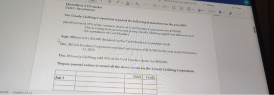 Question 1 (25 marks Units Investments The Trendy Clothing Corporation reported the following for the year 2009 Jan Pawed 35%