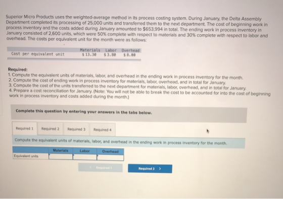 Superior Micro Products uses the weighted average method in its process costing system. During January, the Delta Assembly De