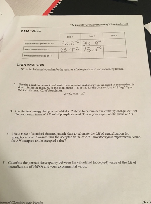 The Enthalpy of Neutralization of Phosphoric Acid DATA TABLE Trial 3 Trial 1 Trial 2 Maximum temperature (c) 3 Initial temperature (C) Temperature change (AT o C DATA ANALYSIS 1. Write the balanced equation for the reaction of phosphoric acid and sodium hydroxide. 2. Use the equation below to calculate the amount of heat determining the mass, m, of the solution use 1.11 g/mL for the density. Use 4.18 J/Kg. C) as the specific heat, Cp, of the solution , g, produced in the reaction. In 3. Use the heat energy that you calculated in 2 above to determine the enthalpy change, AH, for the reaction in terms of kJ/mol of phosphoric acid. This is your experimental value of ΔΗ 4. Use a table of standard thermodynamic data to calculate the AH of neutralization for osphoric acid. Consider this the accepted value of AH. How does your experimental value or ΔΗ compare to the accepted value? Calculate the percent discrepancy between the calculated (accepted) value of the neutralization of HyPO and your experimental value. 5. AH of Ivanced Chemistry with Vernier 26-3